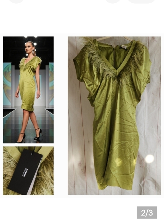 Boss Dresses & Skirts - BOSS Olive Green Feather-Trim V-Neck Midi Dress